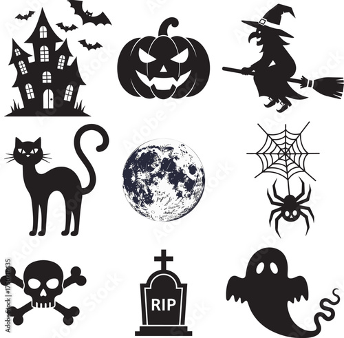 Black Halloween Silhouette Vector Set: Spooky Icons of Haunted House, Witch, Ghost, and Pumpkin