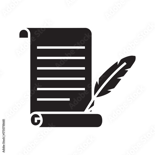 Ancient scroll and quill pen glyph icon. Historical manuscript, old letter, or poetry writing symbol. Vintage parchment document silhouette for literature and history.
