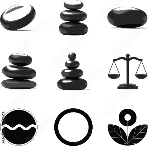 Zen stones balance illustration, meditation rock icons, harmony and wellness concept, minimalist black design, yoga mindfulness art, spa relaxation symbol