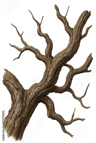 Gnarled tree trunk and bare branches with textured bark showing decay, isolated natural wood element