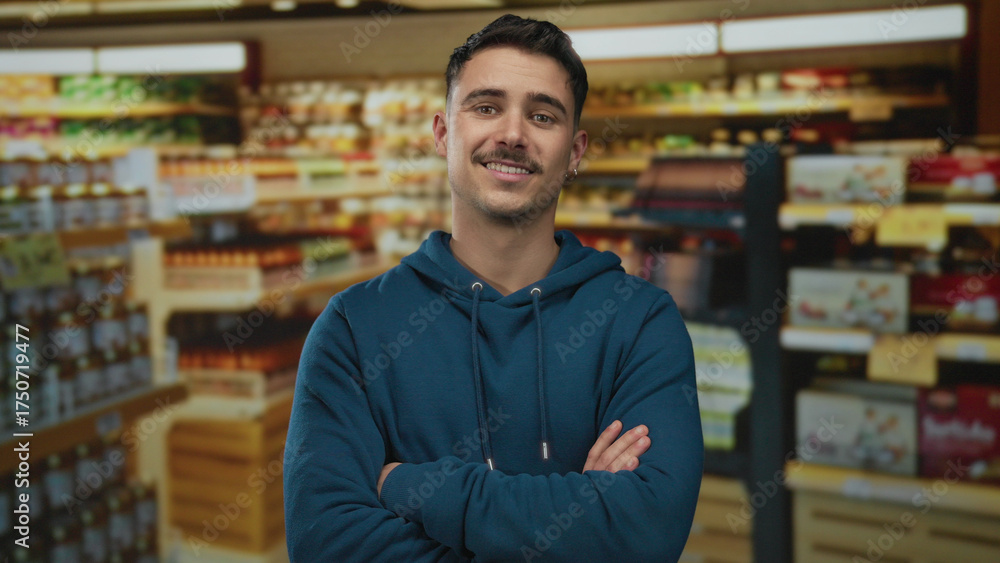 Fototapeta premium Young hispanic man in a supermarket with arms crossed wearing a blue hoodie standing confidently among grocery shelves in an indoor market setting.