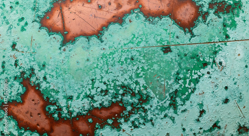 Copper surface with green patina and rust, creating a unique texture