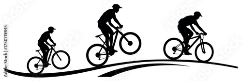 Dynamic silhouette illustration showcasing three cyclists actively riding mountain bikes on an undulating track, symbolizing outdoor sports and challenging terrain