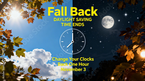 Clock, day and night scenes, and the end of daylight saving time text. The time adjustment for turning back to the clock when daylight saving time ends, as well as time science and life tips.
