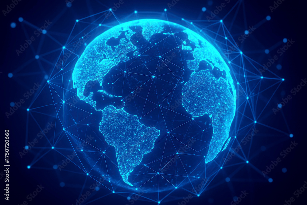 Naklejka premium Glowing Blue Digital Globe Connected by Network Lines on Dark Background earth world