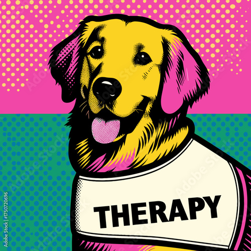 Therapy golden retriever labeled 'THERAPY', therapy dog in iconic pop art style