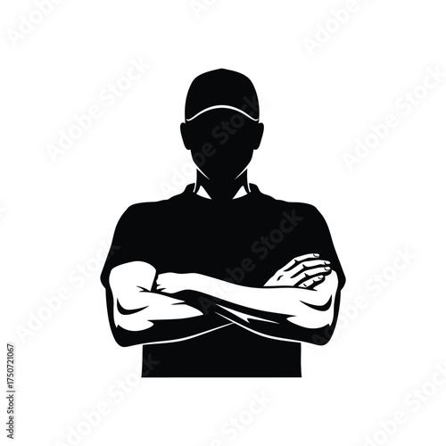 Silhouette of a person wearing a cap and t shirt with arms crossed on a white background