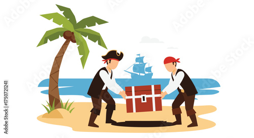 Two Pirates Carrying a Treasure Chest on a Tropical Island Beach
