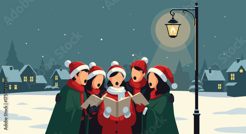 Joyful winter carolers gather around a lamppost singing festive holiday songs