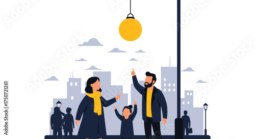 A Family Standing Under a Streetlamp In The City Center With Buildings In The Background