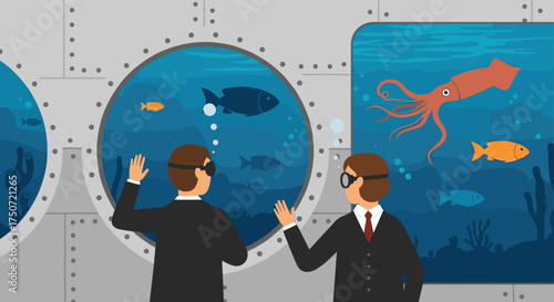 Two Explorers Marvel at the Underwater World Through a Submarine Window