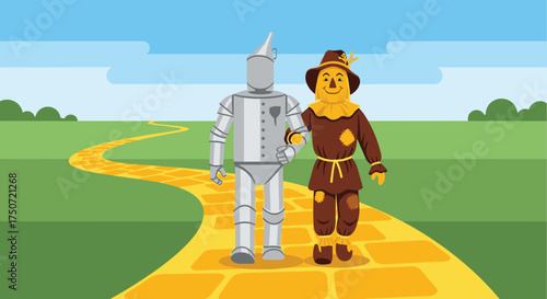 Tin Man and Scarecrow Walking Together Down the Yellow Brick Road