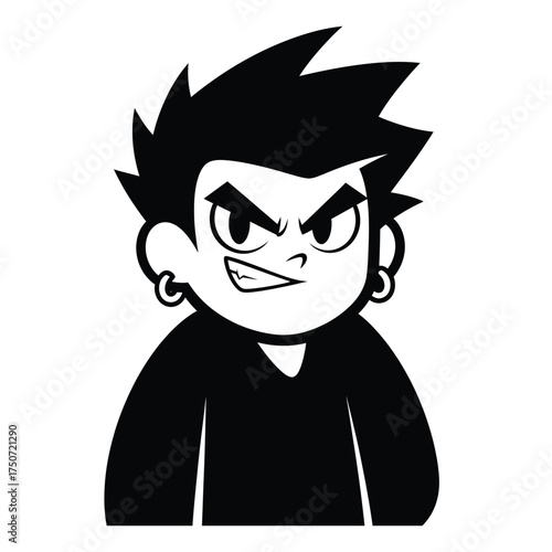 A black and white cartoon of a boy with spiky hair and earrings smirking with an angry expression silhouette