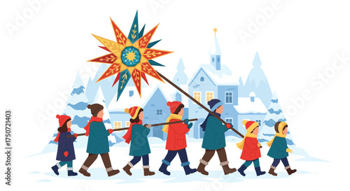 Children carrying a star lantern through a snowy village celebrating winter holidays
