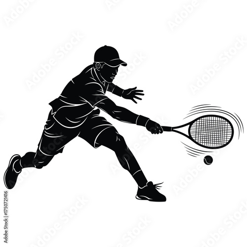 Silhouette of a tennis player in action hitting the ball with a racket on a white background
