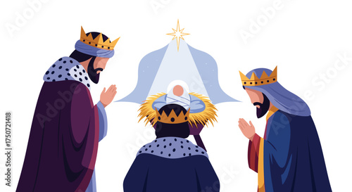 Three Wise Men Visiting the Baby Jesus in a Stable
