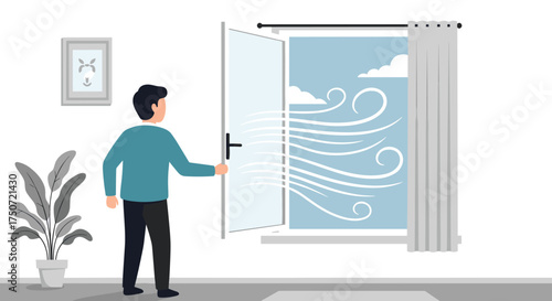 Man Opens Window to Let In Fresh Air and Breezy Winds on a Cloudy Day