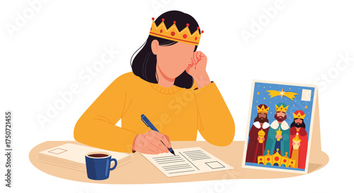 A creative person writes a letter with a crown on their head near a card featuring three wise men