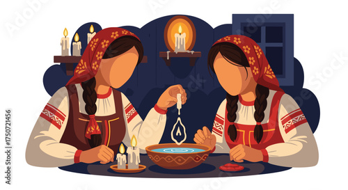Divination Rituals Practiced by Young Women in Traditional Festive Attire