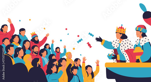 King's Day Celebration Parade with Cheering Crowds and Colorful Confetti