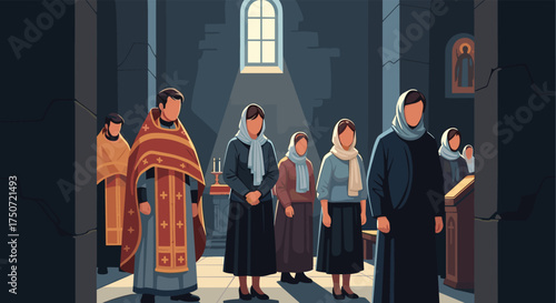 Orthodox Christians attending a solemn religious service inside a historic church building