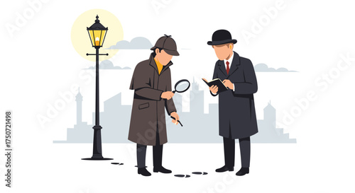 Two detectives investigate a mysterious crime scene outdoors under a lamppost at night