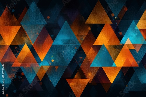 Abstract pattern of overlapping orange and blue triangles with crackled textures on a dark background