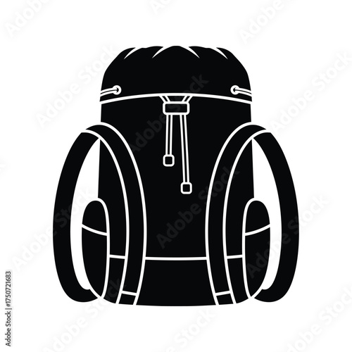 Isolated black and white vector illustration of a hiking backpack with straps and a drawstring silhouette