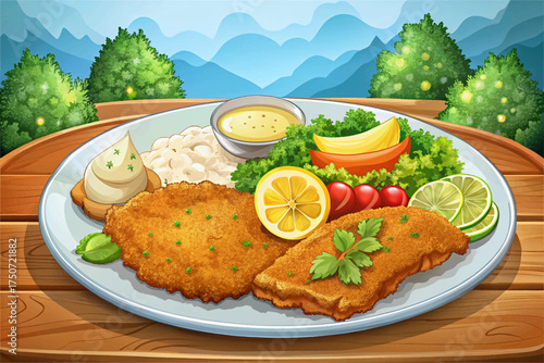 Austrian schnitzel with crispy breaded veal, served with lemon and potato salad beloved European meal.