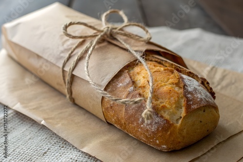 A loaf of crusty bread wrapped in brown paper and tied with twine on a textured surface