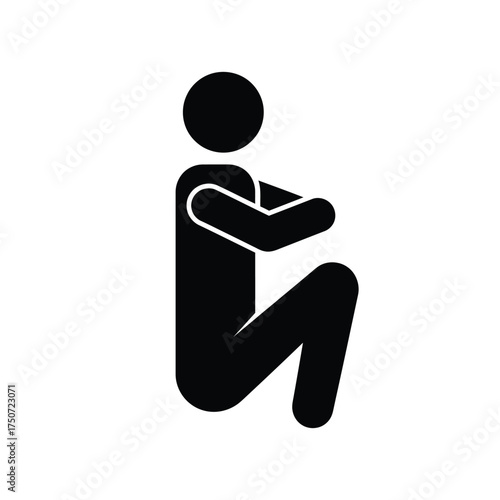 A black silhouette of a person sitting with knees up and arms wrapped around legs on white background