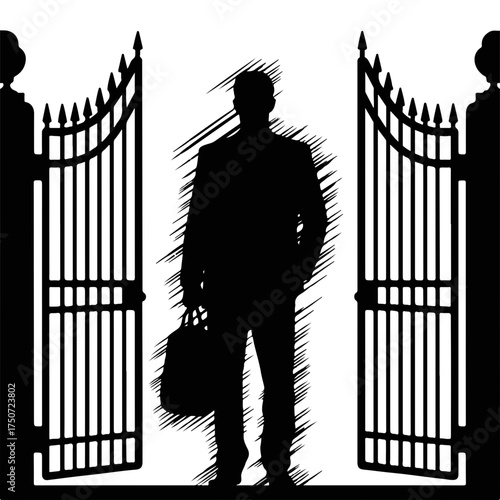 Businessman Standing at Open Gates with Briefcase for Career Blogs, Professional Development Websites, Motivation Articles, and Networking Content