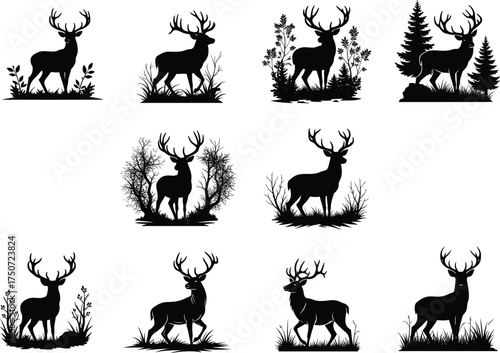 Deer Silhouette Vector Set with Forest, Grass, and Tree Backgrounds – Wildlife Nature Scene for Adobe Stock Illustration Use