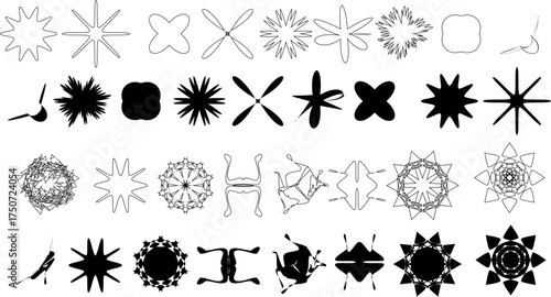 Collection of diverse black and white abstract geometric starburst and snowflake motifs