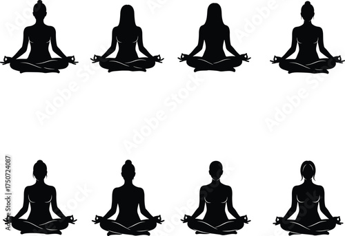 Diverse Silhouettes of People Meditating in Lotus Pose for Yoga, Mindfulness, Wellness, Spiritual Calm, Inner Peace and Relaxation Vector