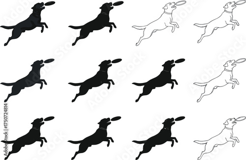 Dog catching frisbee silhouettes in multiple graphic styles, black and white vector illustration for pet agility, motion, sport and design themes