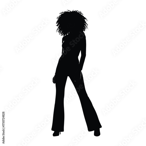 Silhouette of a woman with afro hair wearing a jumpsuit and heels standing on a white background