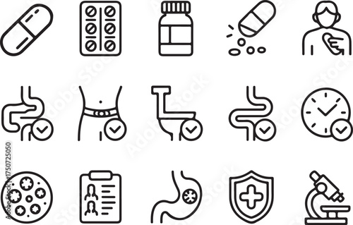 Health icons: pills, stomach, checkups, microscope