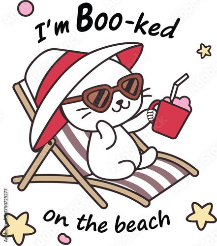 Kawaii Cat "I'm Boo-ked" Beach Vacation Illustration: Cute Summer Relaxation Design