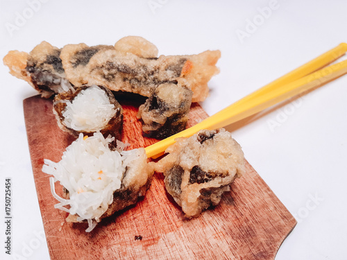 Korean Fried seaweed rolls, Kimmari or Gimmari on white background. korean food concept