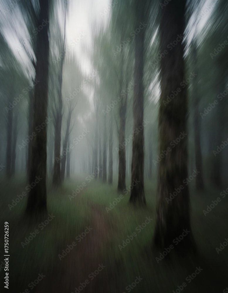 Obraz premium A dense forest is enveloped in thick fog, with towering trees lining a narrow path. The gloomy atmosphere evokes a sense of mystery and suspense as night approaches Generative AI