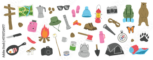 Camping and hiking elements colletion on a White background, vector illustration.