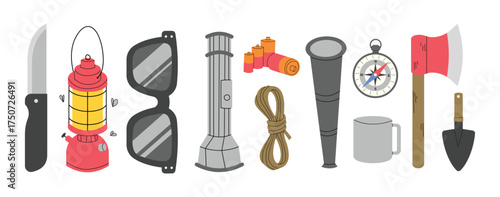 Camping and hiking equipment elements set 1 on a White background, vector illustration.