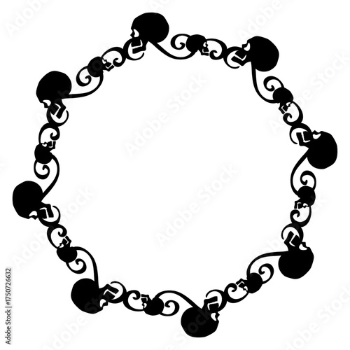 Logo con silueta de calaveras humanas con filigrana caligráfica. Corona circular con florituras para tarjetas y felicitaciones de Halloween