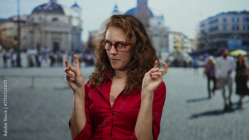 Fototapeta premium Woman gesturing with fingers standing in vatican city square with blurred background, wearing red shirt and glasses, capturing vibrant urban life outdoors.
