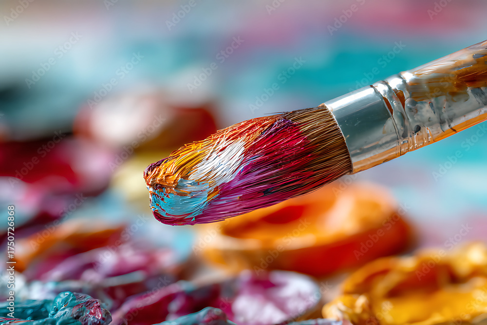 Fototapeta premium Vibrant paintbrush loaded with rich colorful paint, perfect for creative projects, art lessons, and illustrating passion for artistic expression