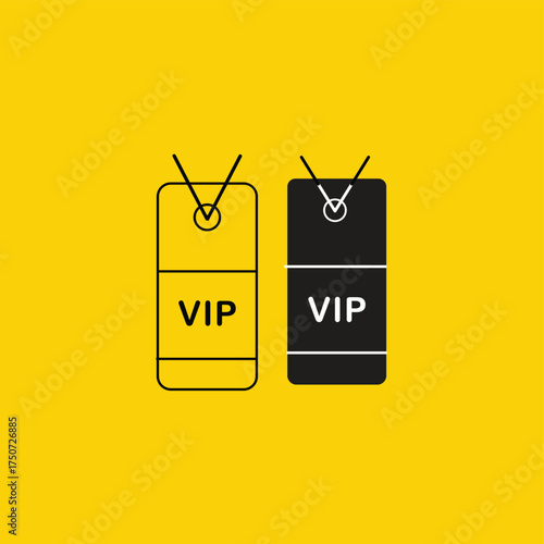 Two stylized vip access passes or badges with lanyards displayed against a vibrant yellow background representing exclusive entry and special status