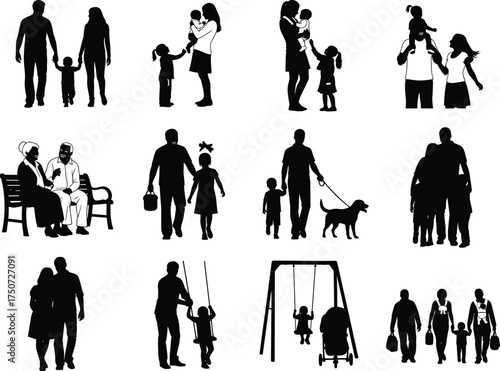 Family silhouette icon set showing parenting, bonding, walking, swinging, elderly care, love, childhood, relationships in black vector desig