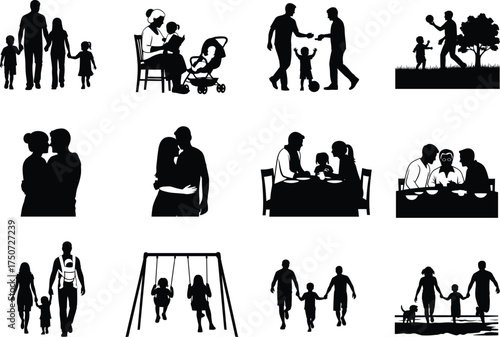 Family silhouette icon set showing parenting, hugging, walking, feeding, playing, swinging, beach moments, bonding, love, vector black design