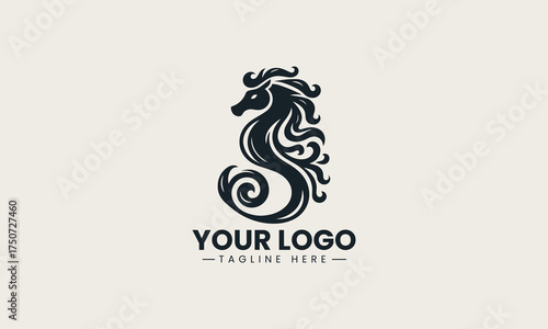Elegant black vector logo illustration of a majestic stylized sea horse with a beautiful flowing tail creating a dynamic marine symbol